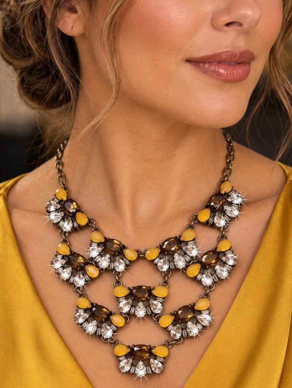 J. Crew Statement Necklace Topaz Honey Clear Stones Oxidized Brass 10 Medallions